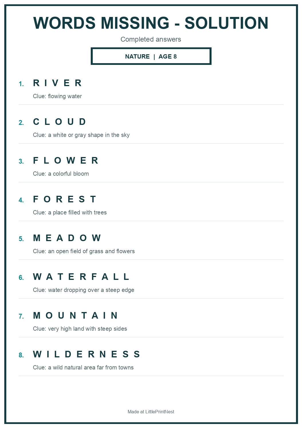 Completed answer key for Nature Words Missing Puzzle for Age 8