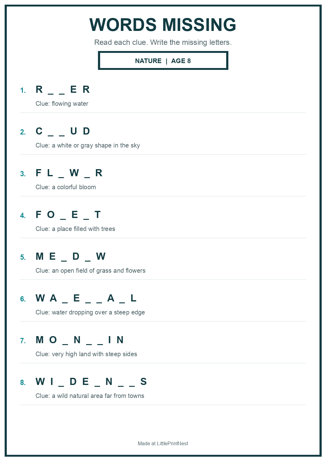 Printable nature words missing worksheet for age 8