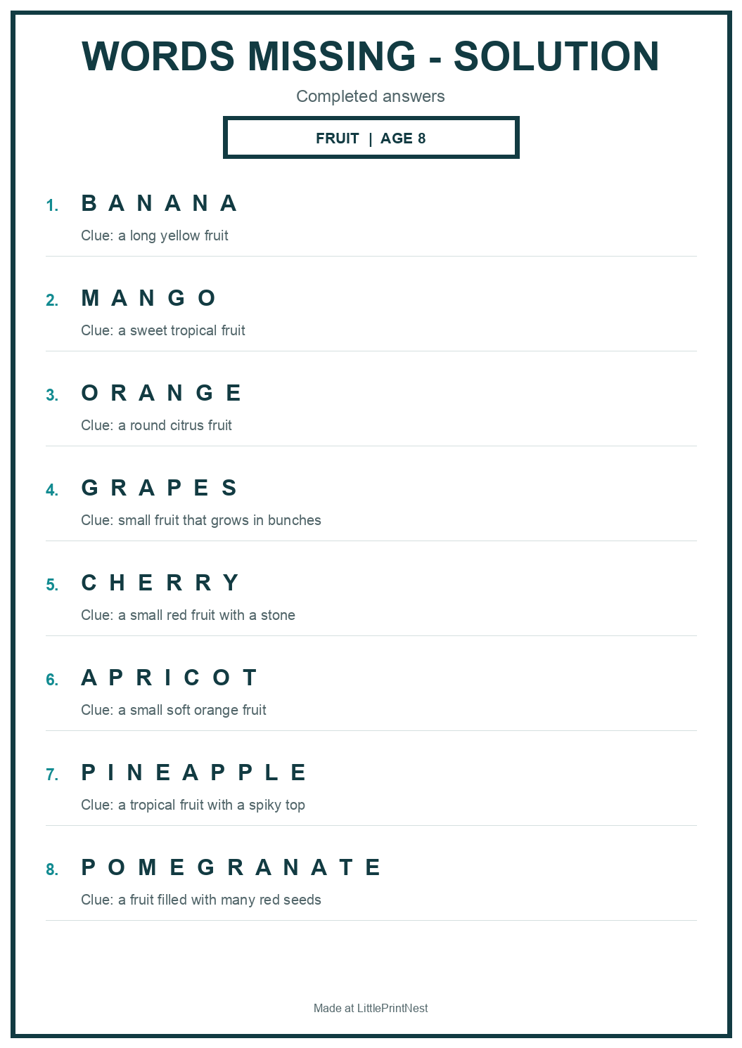 Completed answer key for Fruit Words Missing Puzzle for Age 8