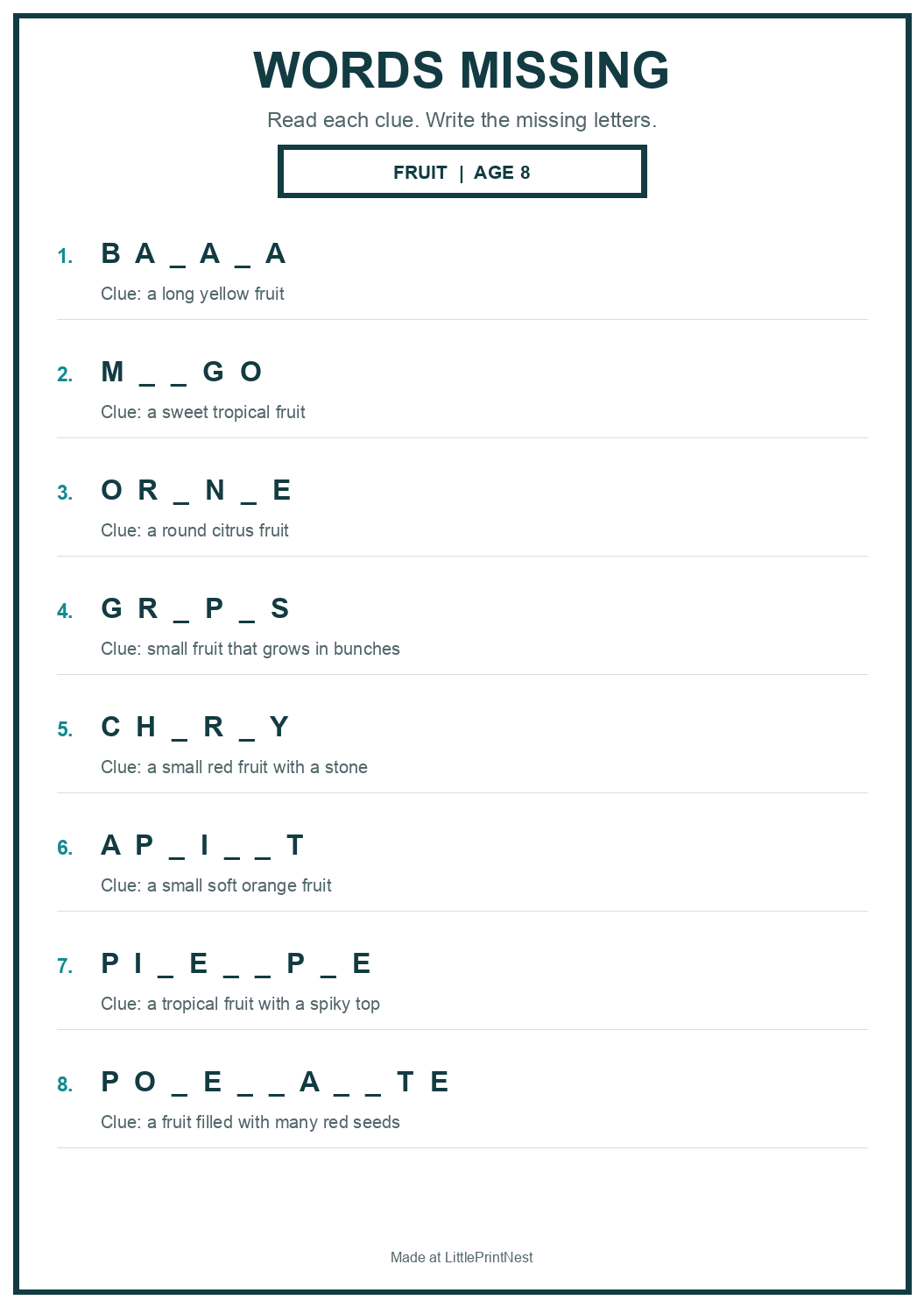 Printable fruit words missing worksheet for age 8