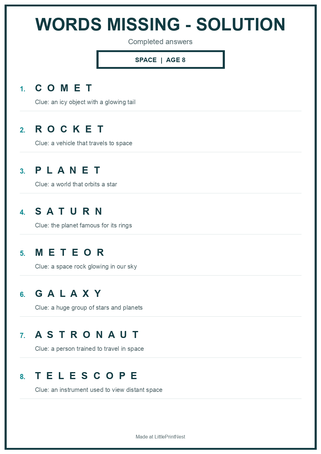 Completed answer key for Space Words Missing Puzzle for Age 8
