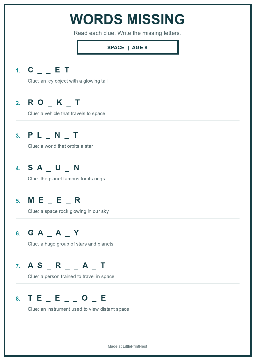 Printable space words missing worksheet for age 8