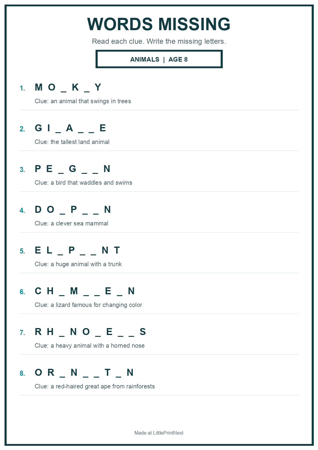 Printable animals words missing worksheet for age 8
