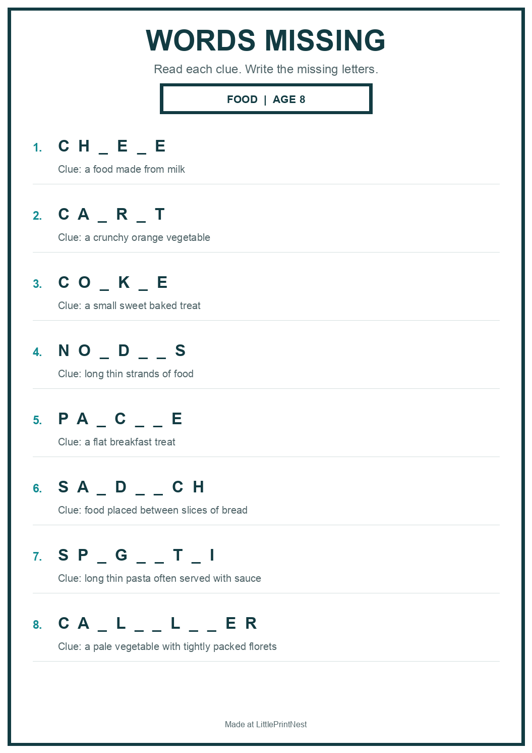 Printable food words missing worksheet for age 8