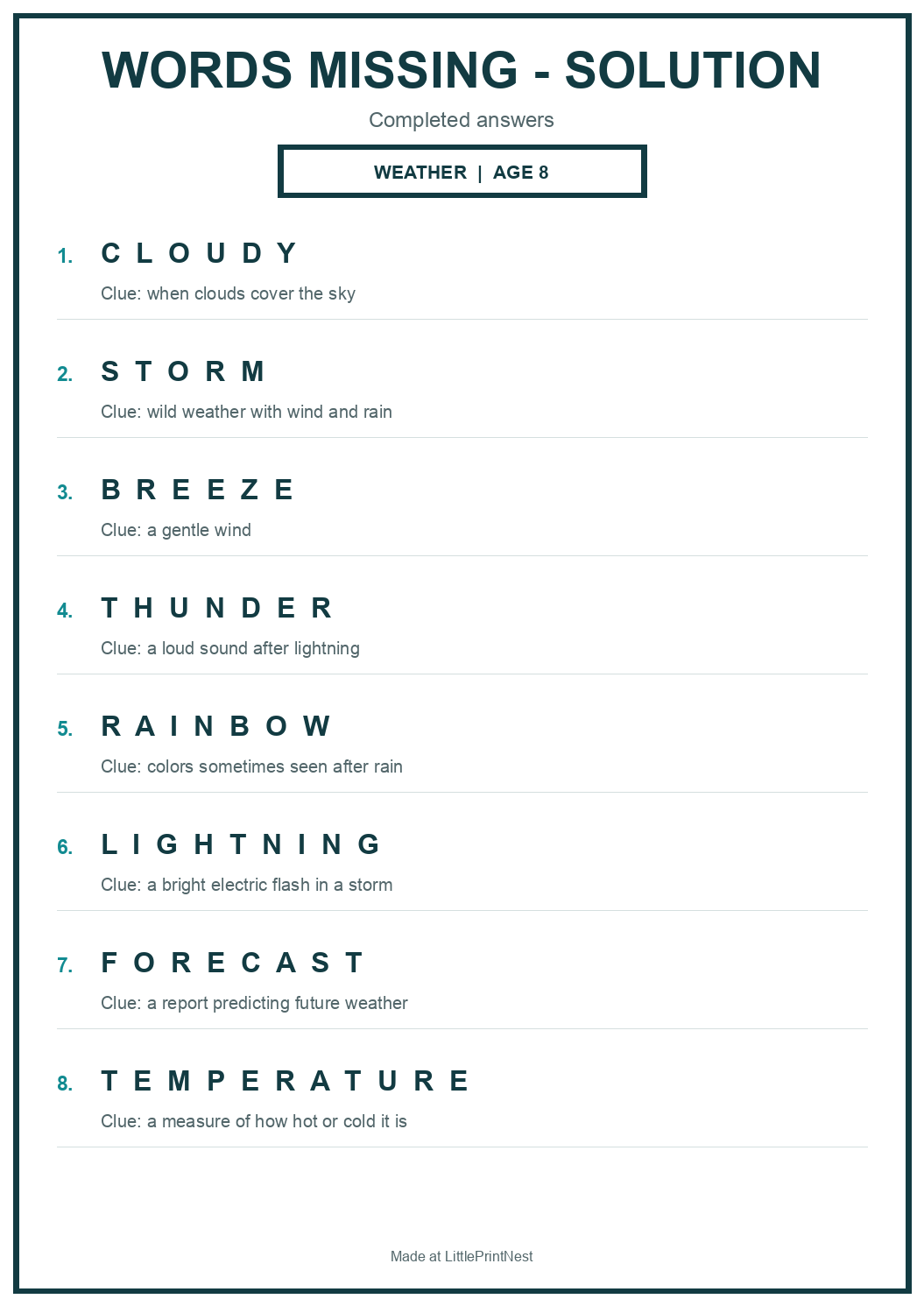 Completed answer key for Weather Words Missing Puzzle for Age 8
