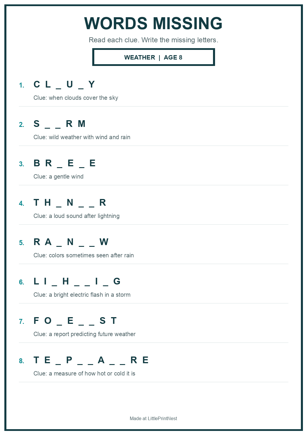 Printable weather words missing worksheet for age 8