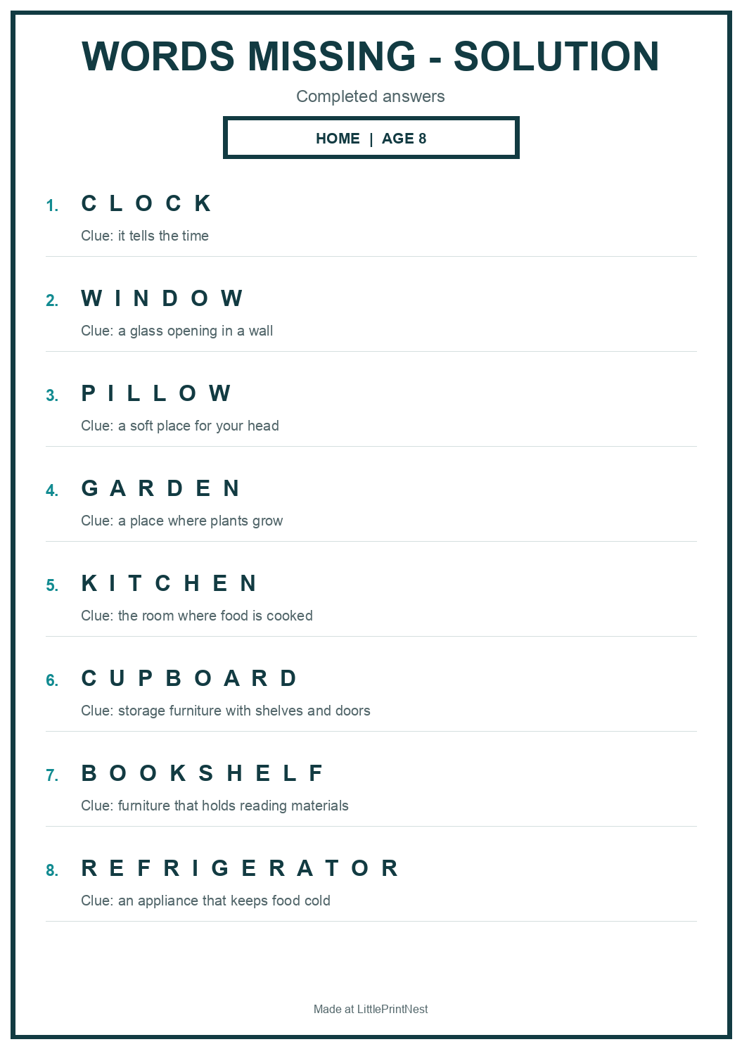 Completed answer key for Home Words Missing Puzzle for Age 8