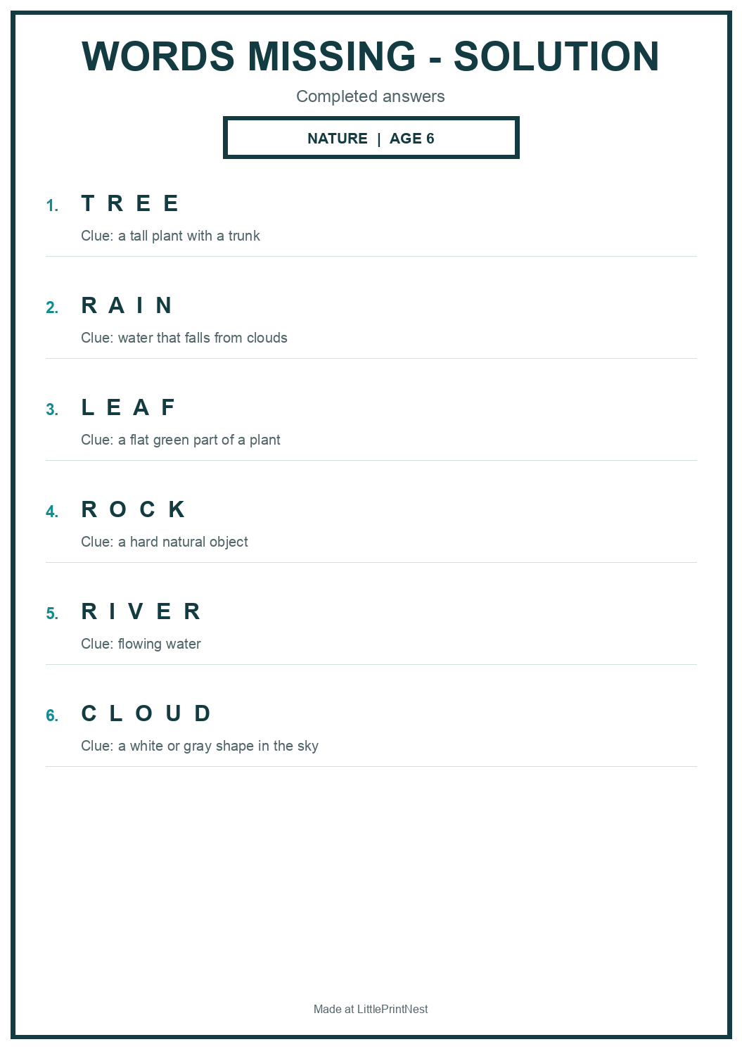 Completed answer key for Nature Words Missing Puzzle for Age 6
