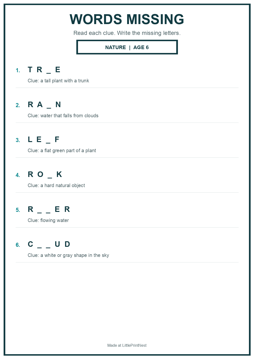 Printable nature words missing worksheet for age 6