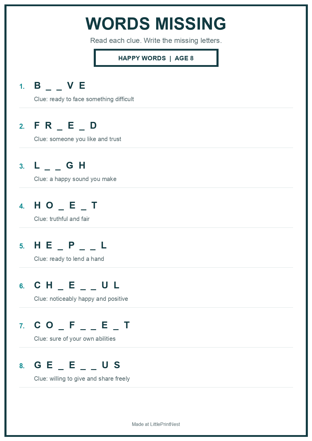 Printable happy words words missing worksheet for age 8