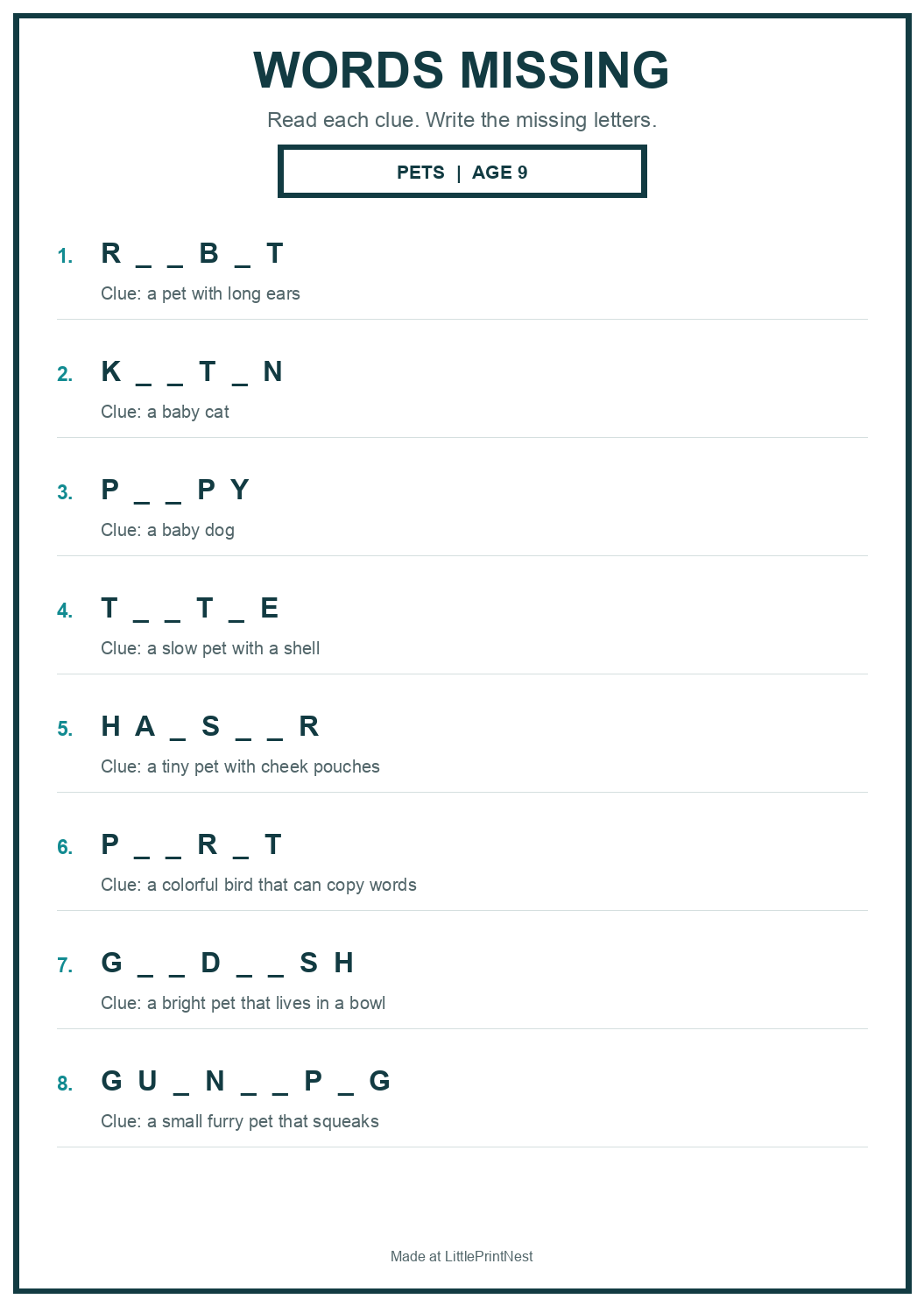 Printable pets words missing worksheet for age 9