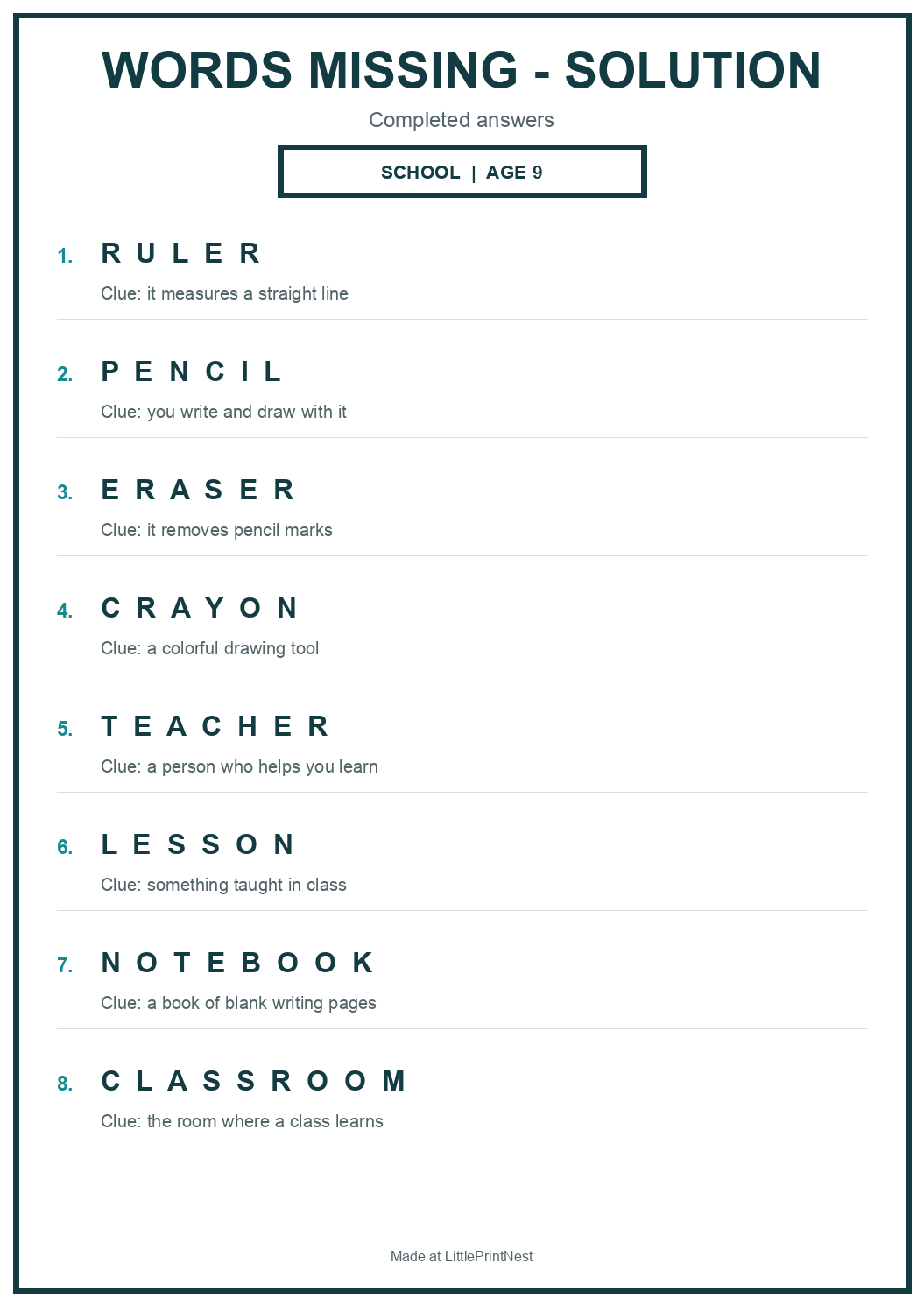 Completed answer key for School Words Missing Puzzle for Age 9