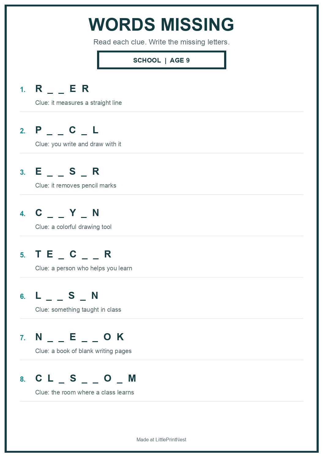 Printable school words missing worksheet for age 9