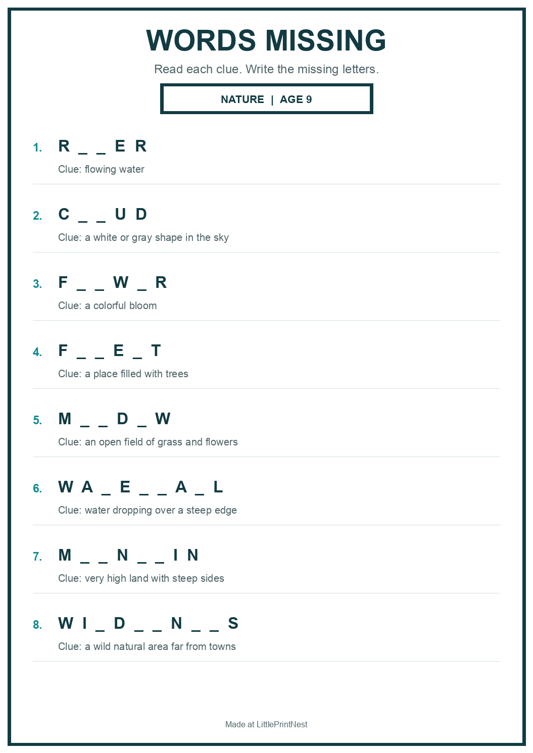 Printable nature words missing worksheet for age 9