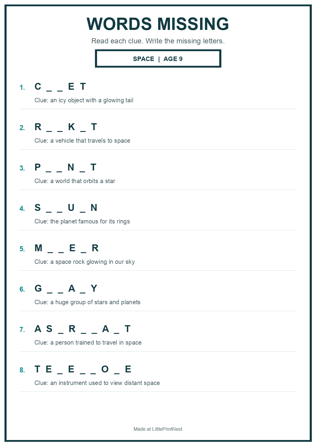 Printable space words missing worksheet for age 9