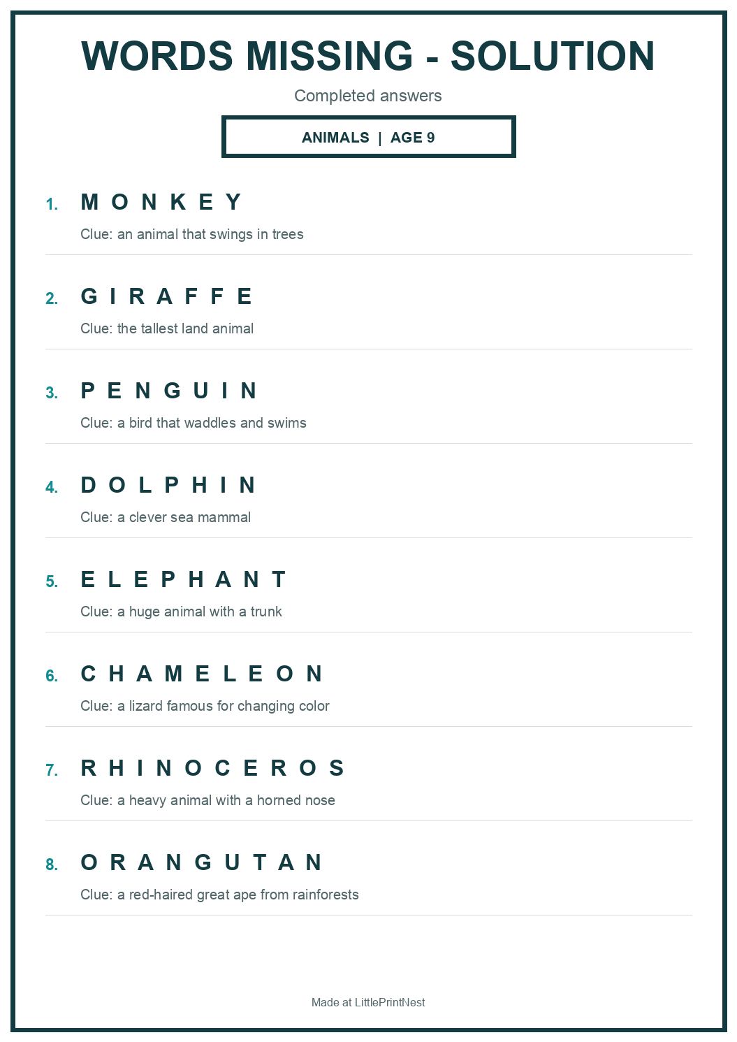Completed answer key for Animals Words Missing Puzzle for Age 9