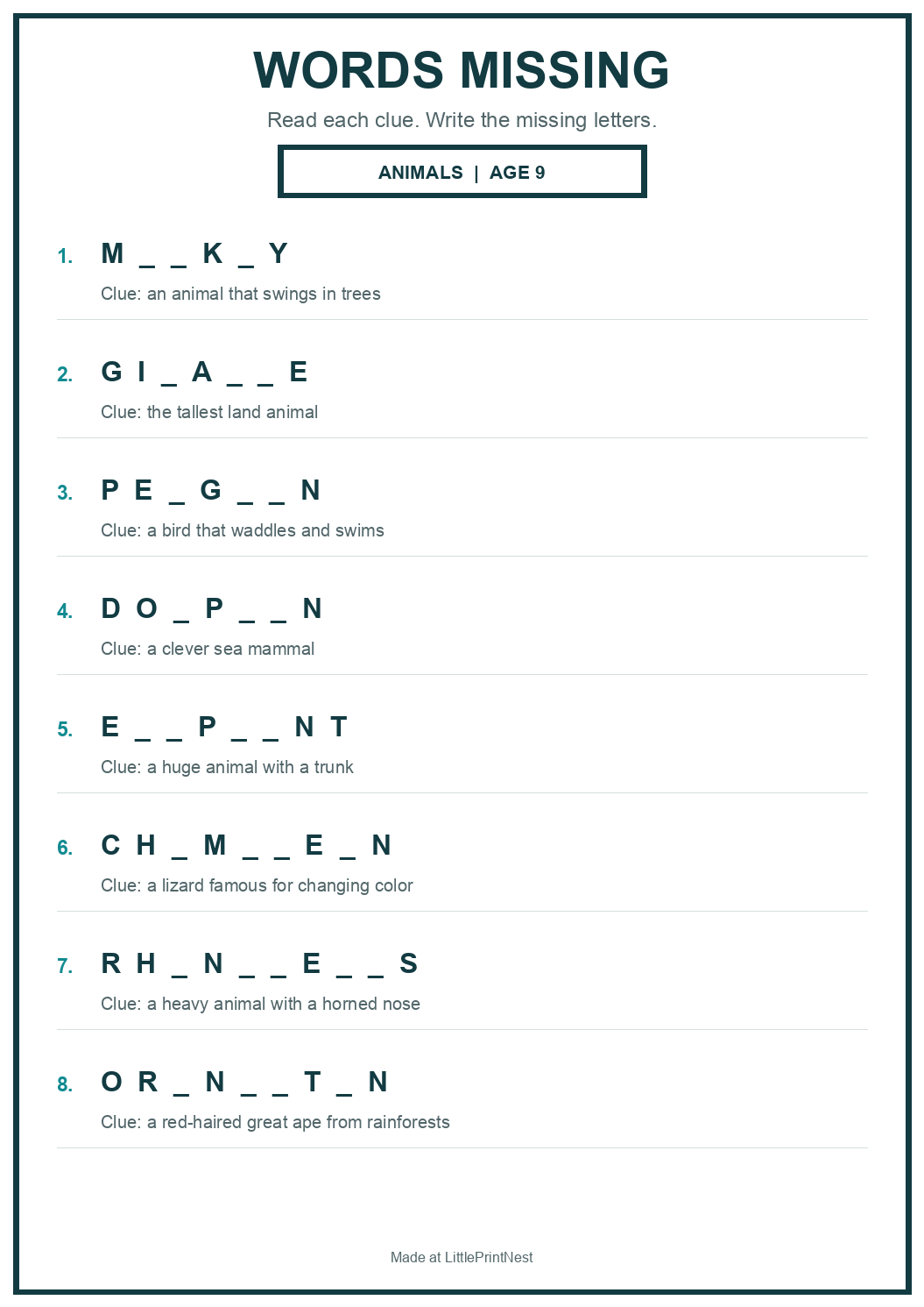 Printable animals words missing worksheet for age 9
