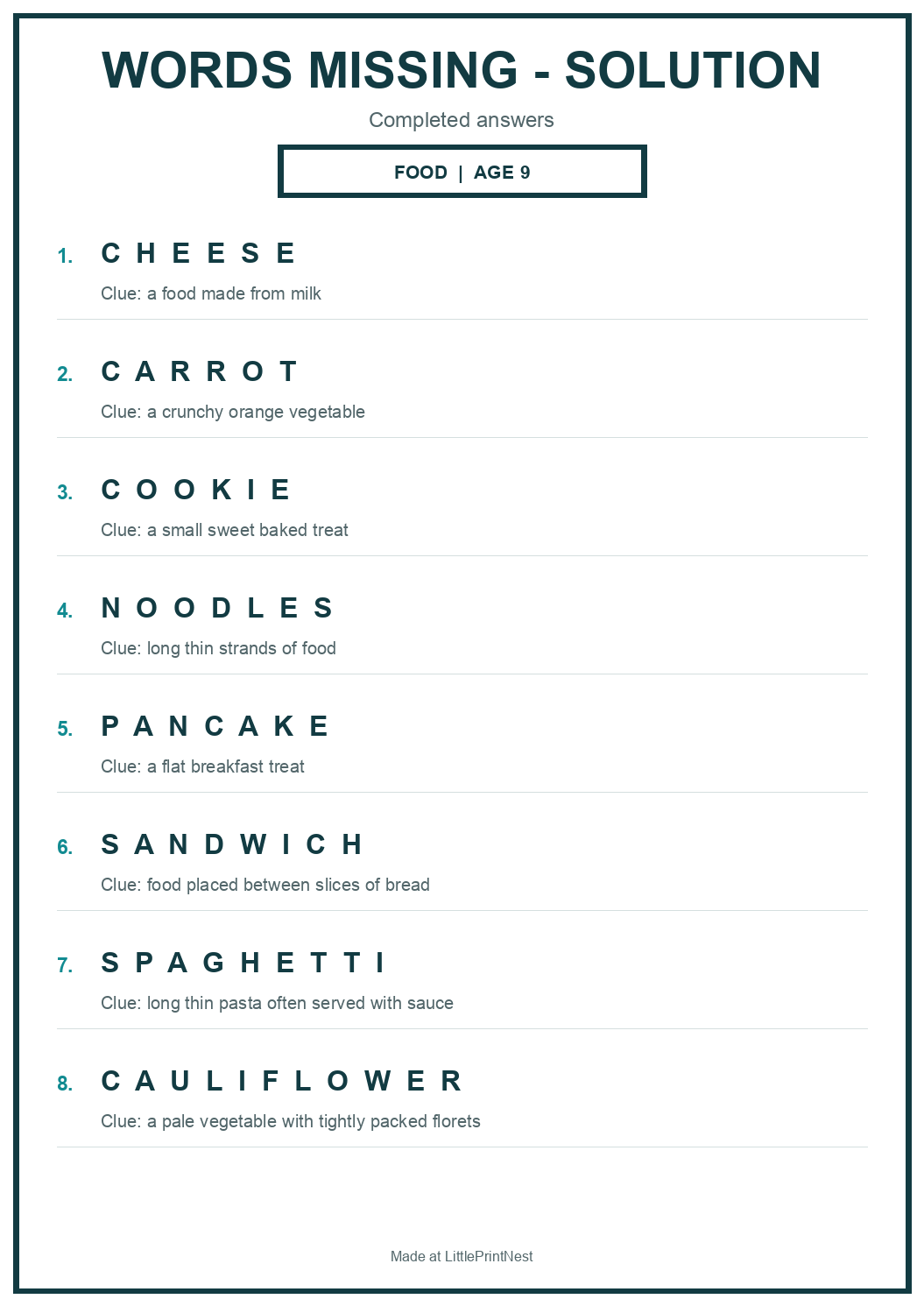 Completed answer key for Food Words Missing Puzzle for Age 9