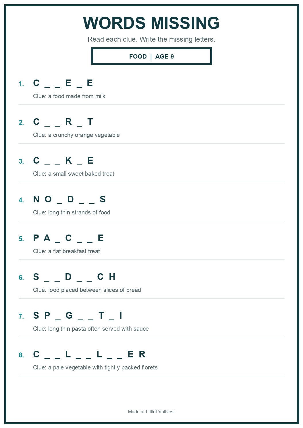 Printable food words missing worksheet for age 9
