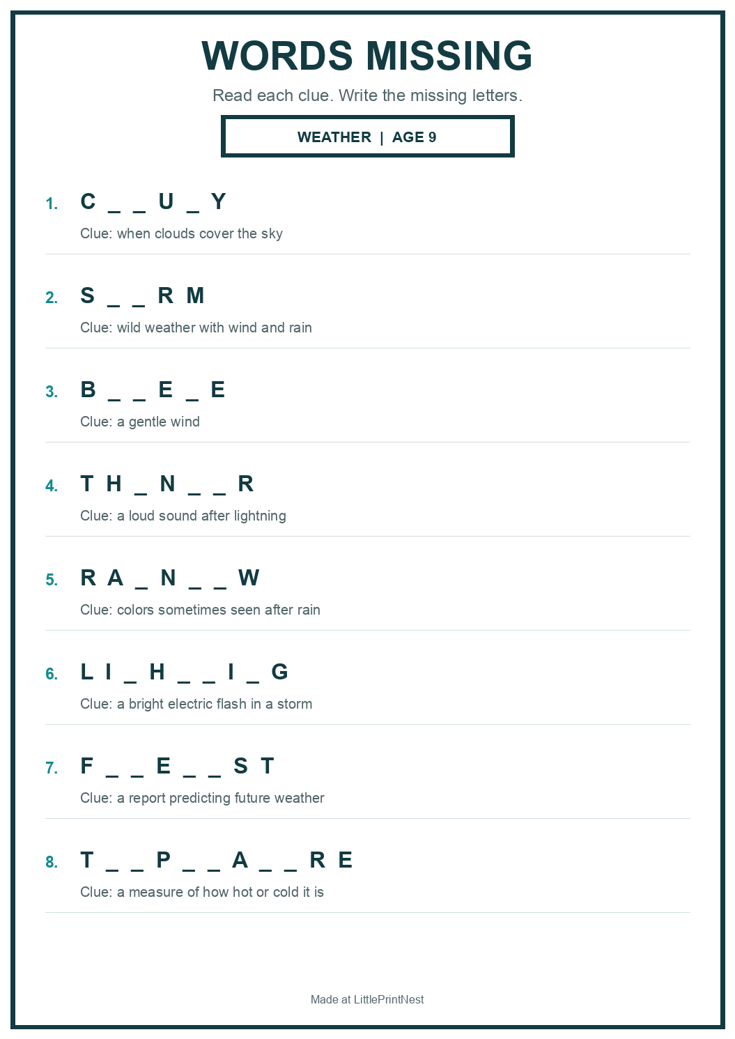 Printable weather words missing worksheet for age 9