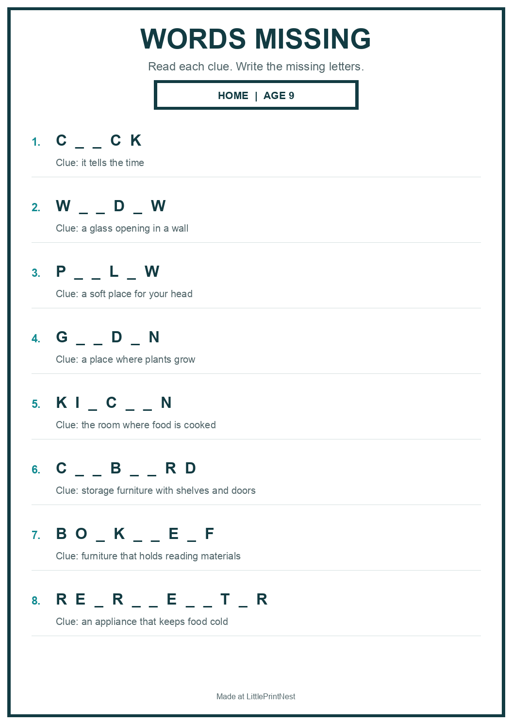 Printable home words missing worksheet for age 9
