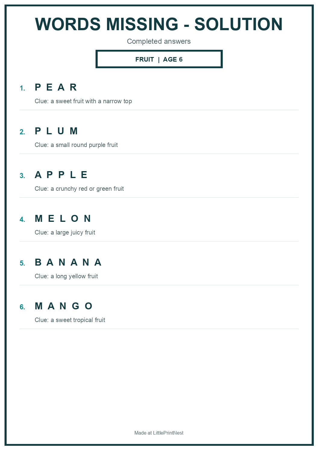 Completed answer key for Fruit Words Missing Puzzle for Age 6