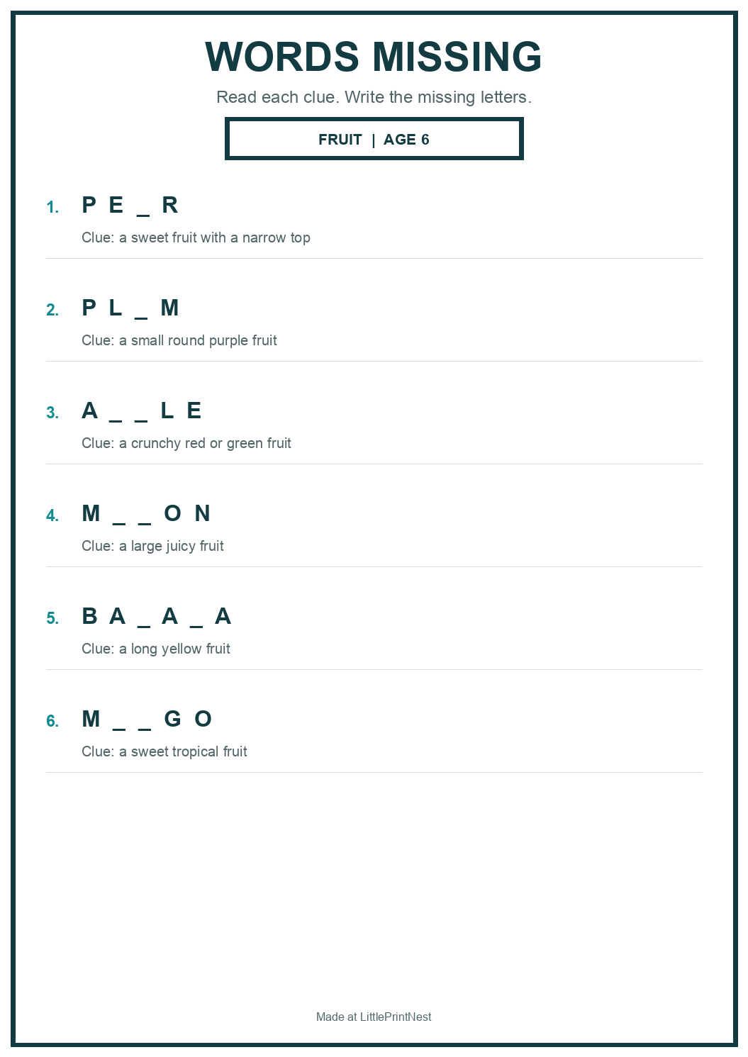 Printable fruit words missing worksheet for age 6