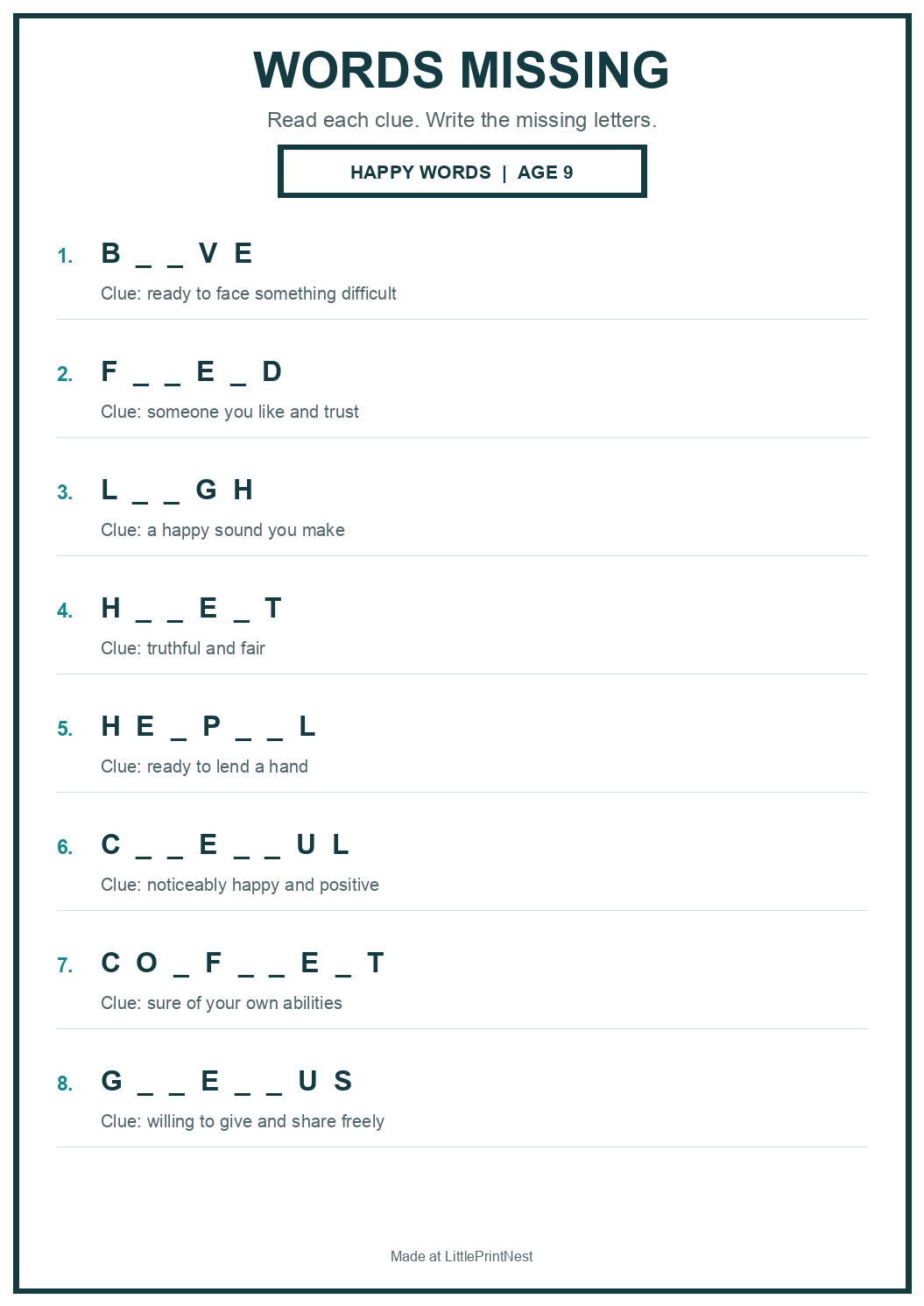 Printable happy words words missing worksheet for age 9