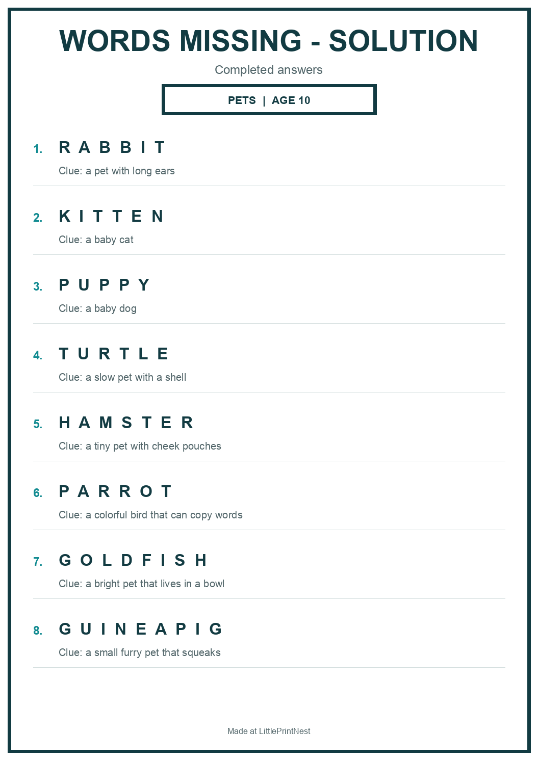 Completed answer key for Pets Words Missing Puzzle for Age 10