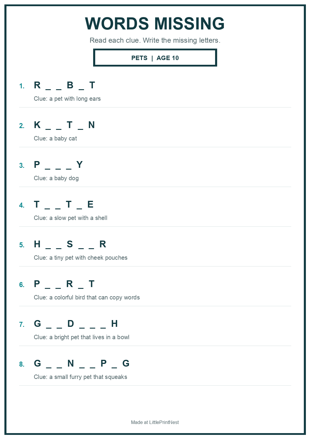 Printable pets words missing worksheet for age 10