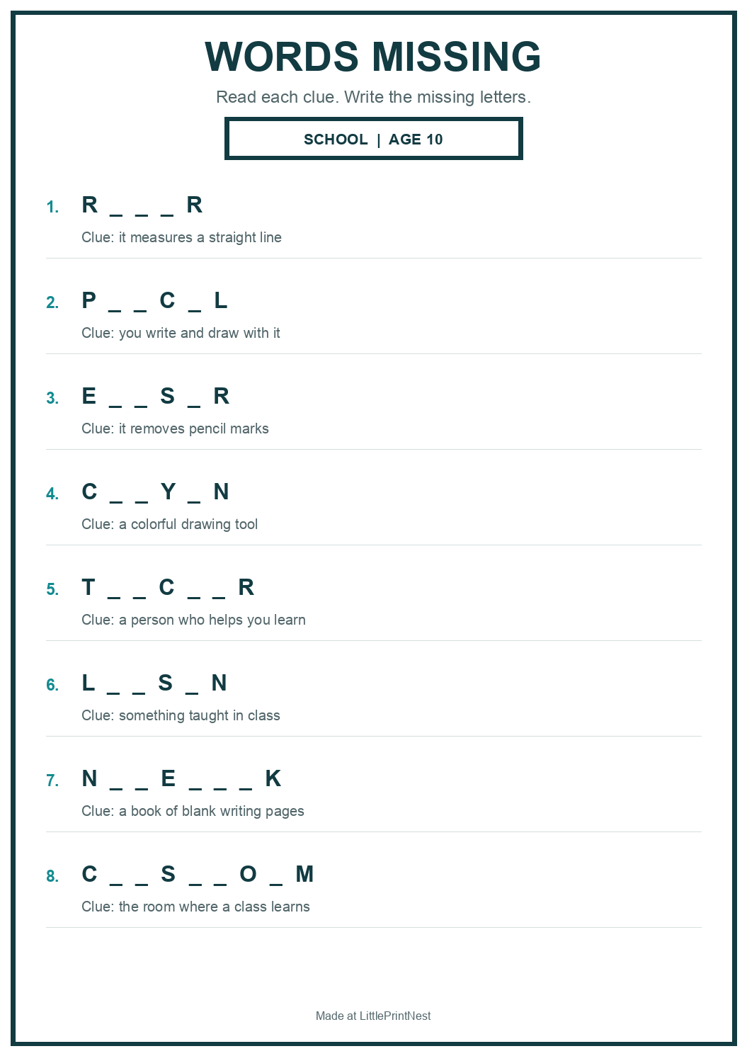 Printable school words missing worksheet for age 10