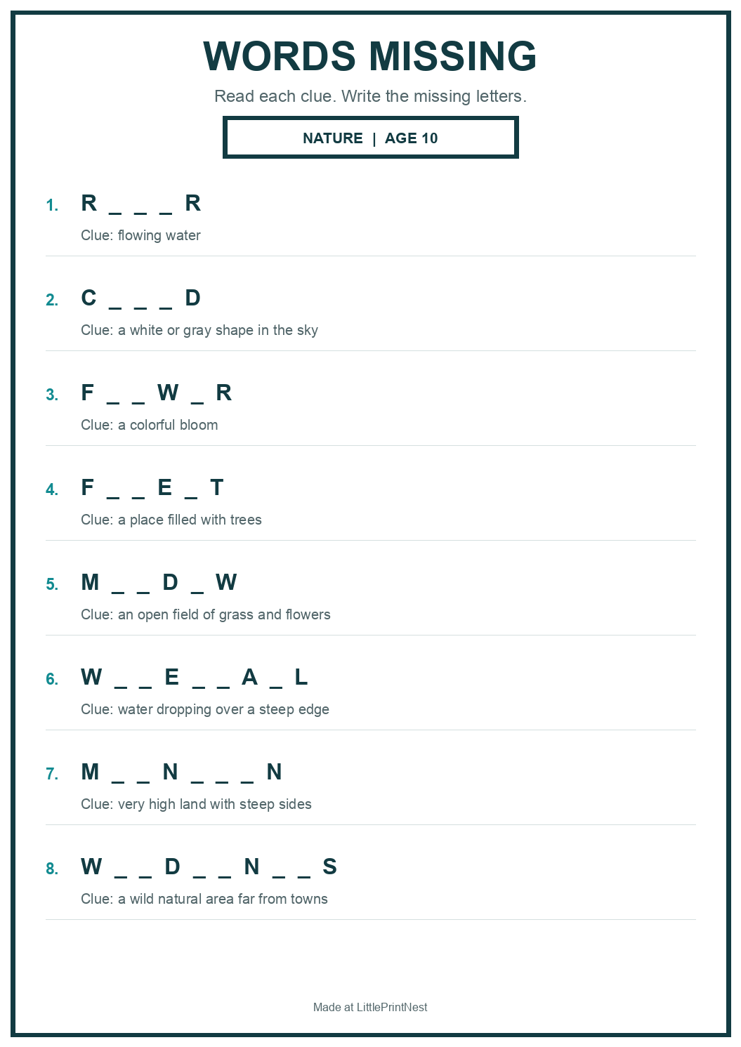Printable nature words missing worksheet for age 10