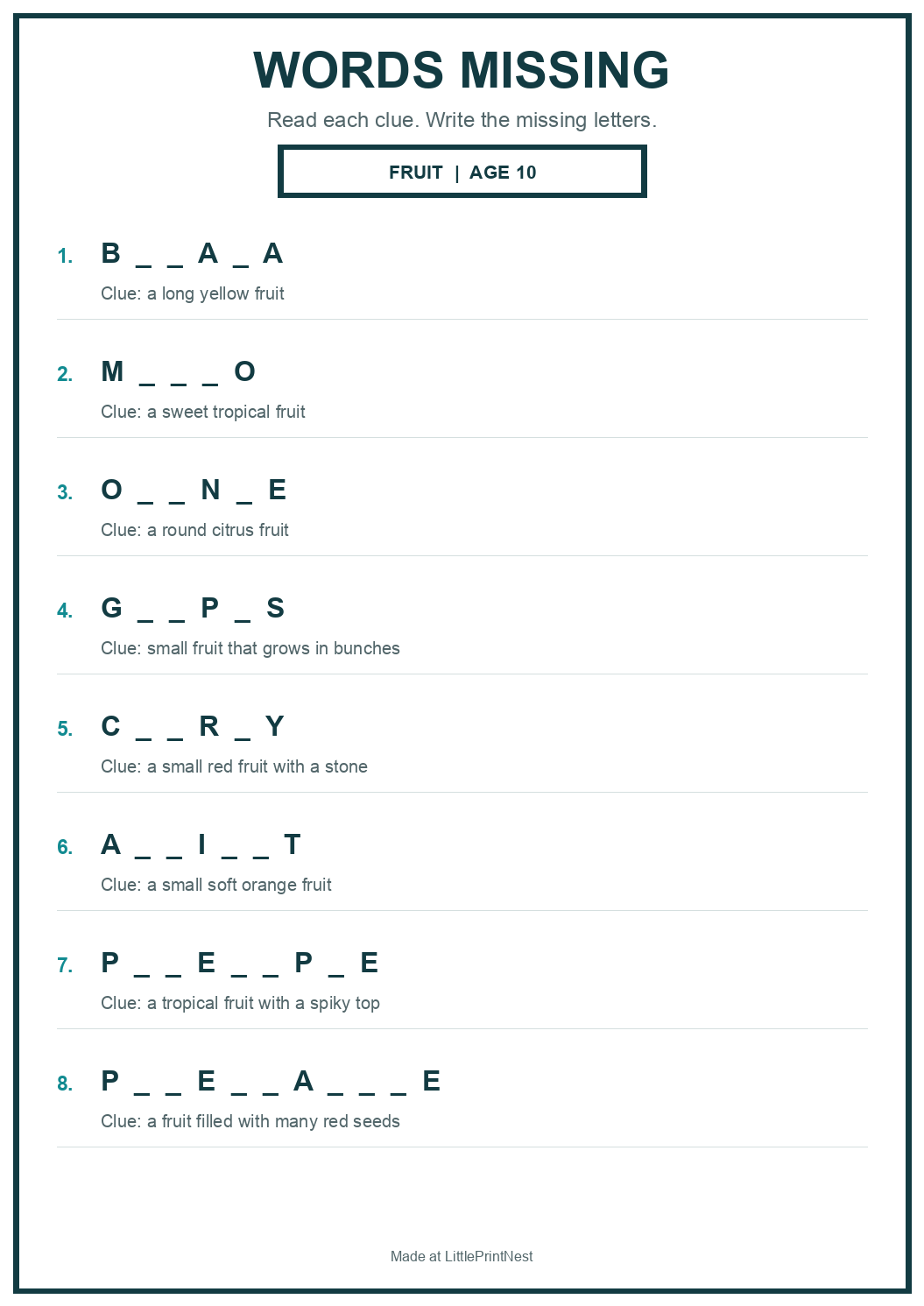 Printable fruit words missing worksheet for age 10