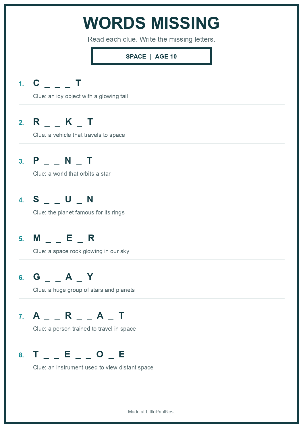 Printable space words missing worksheet for age 10
