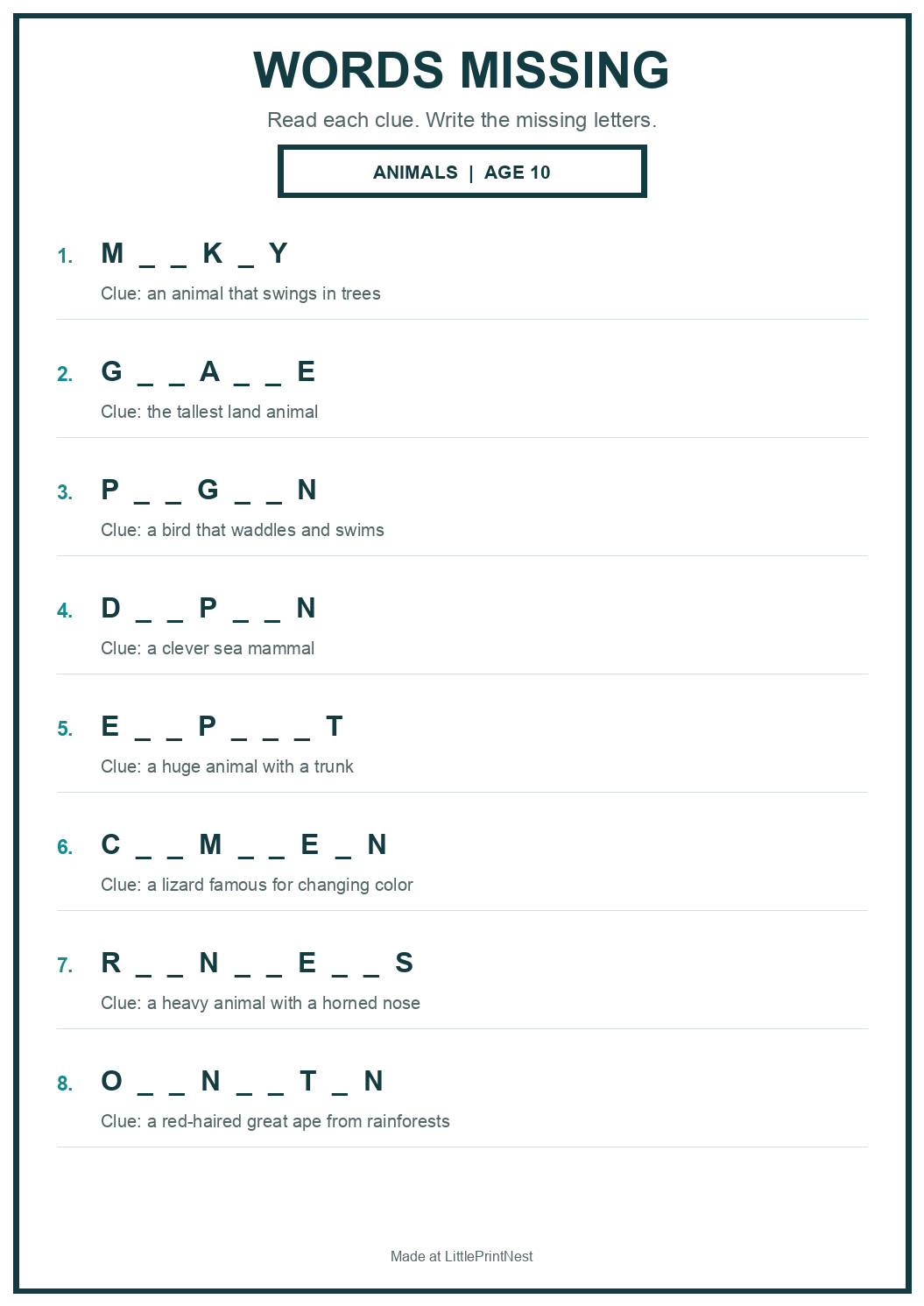 Printable animals words missing worksheet for age 10