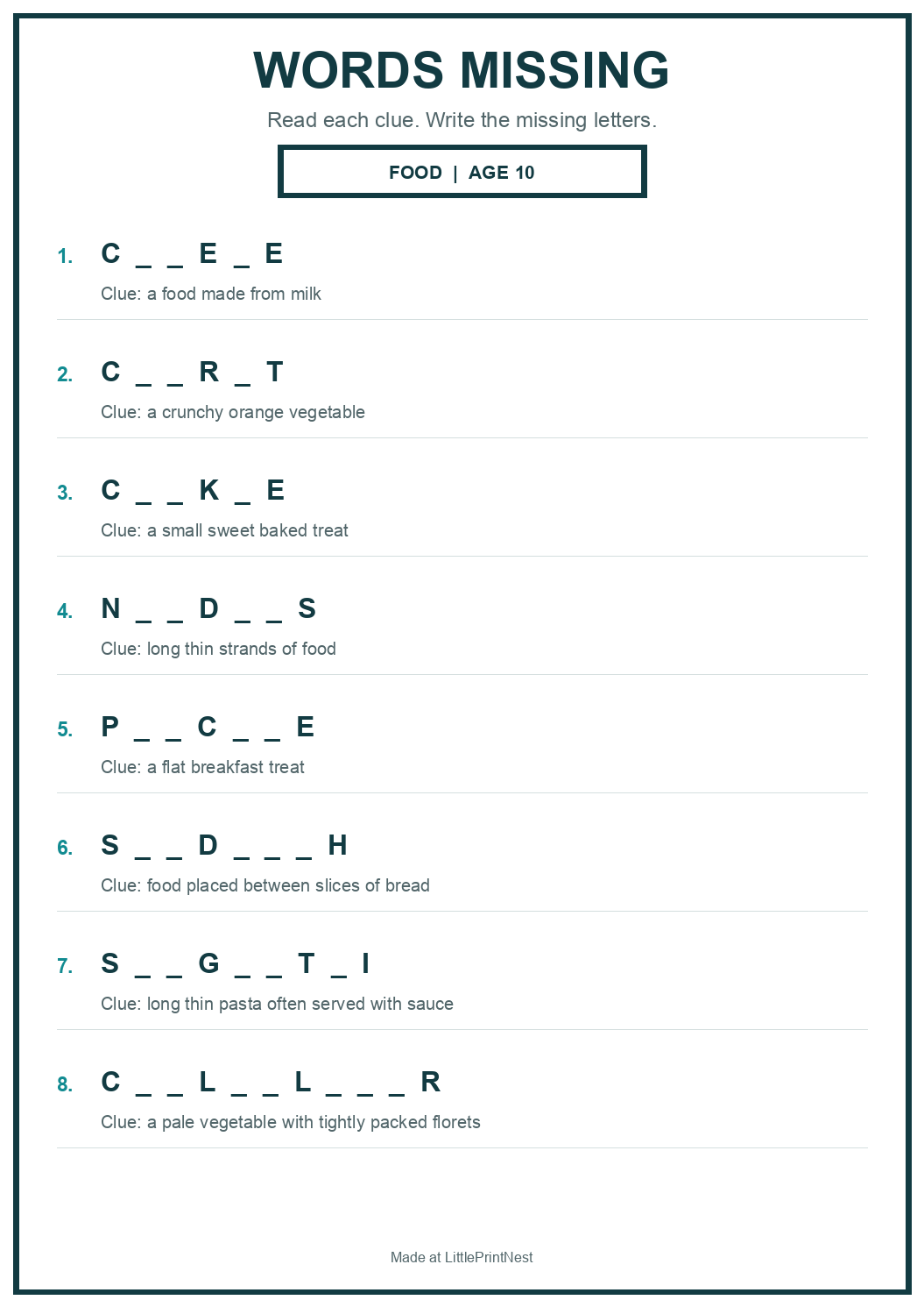 Printable food words missing worksheet for age 10