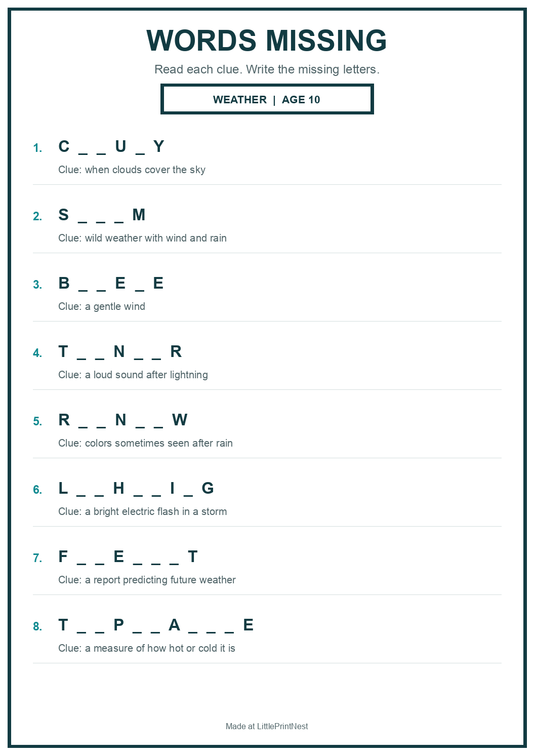 Printable weather words missing worksheet for age 10