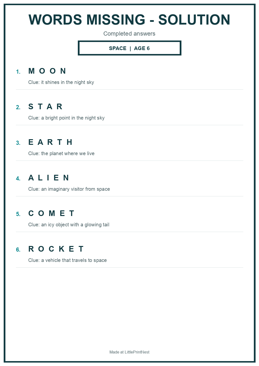 Completed answer key for Space Words Missing Puzzle for Age 6