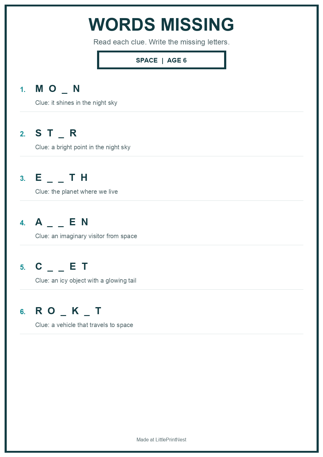 Printable space words missing worksheet for age 6
