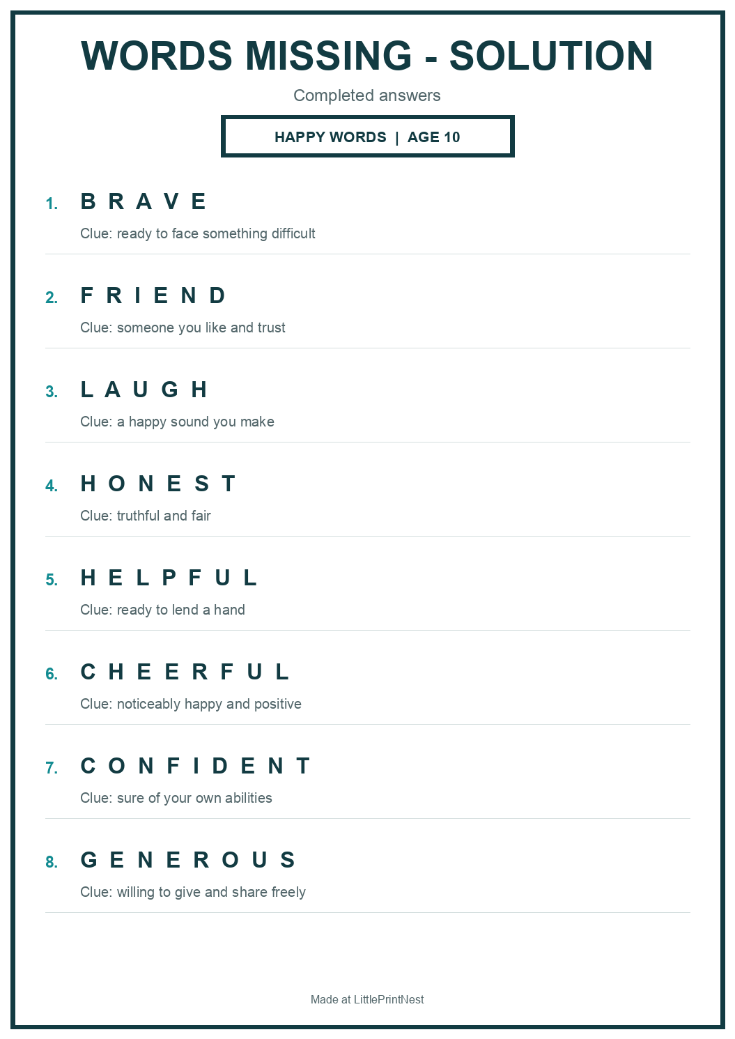 Completed answer key for Happy Words Missing Puzzle for Age 10