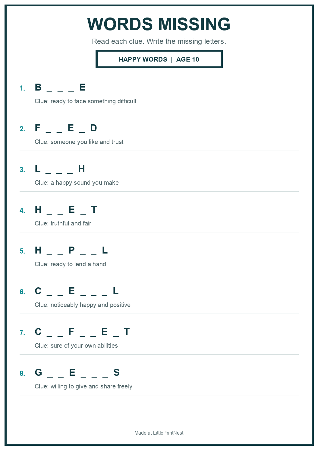Printable happy words words missing worksheet for age 10
