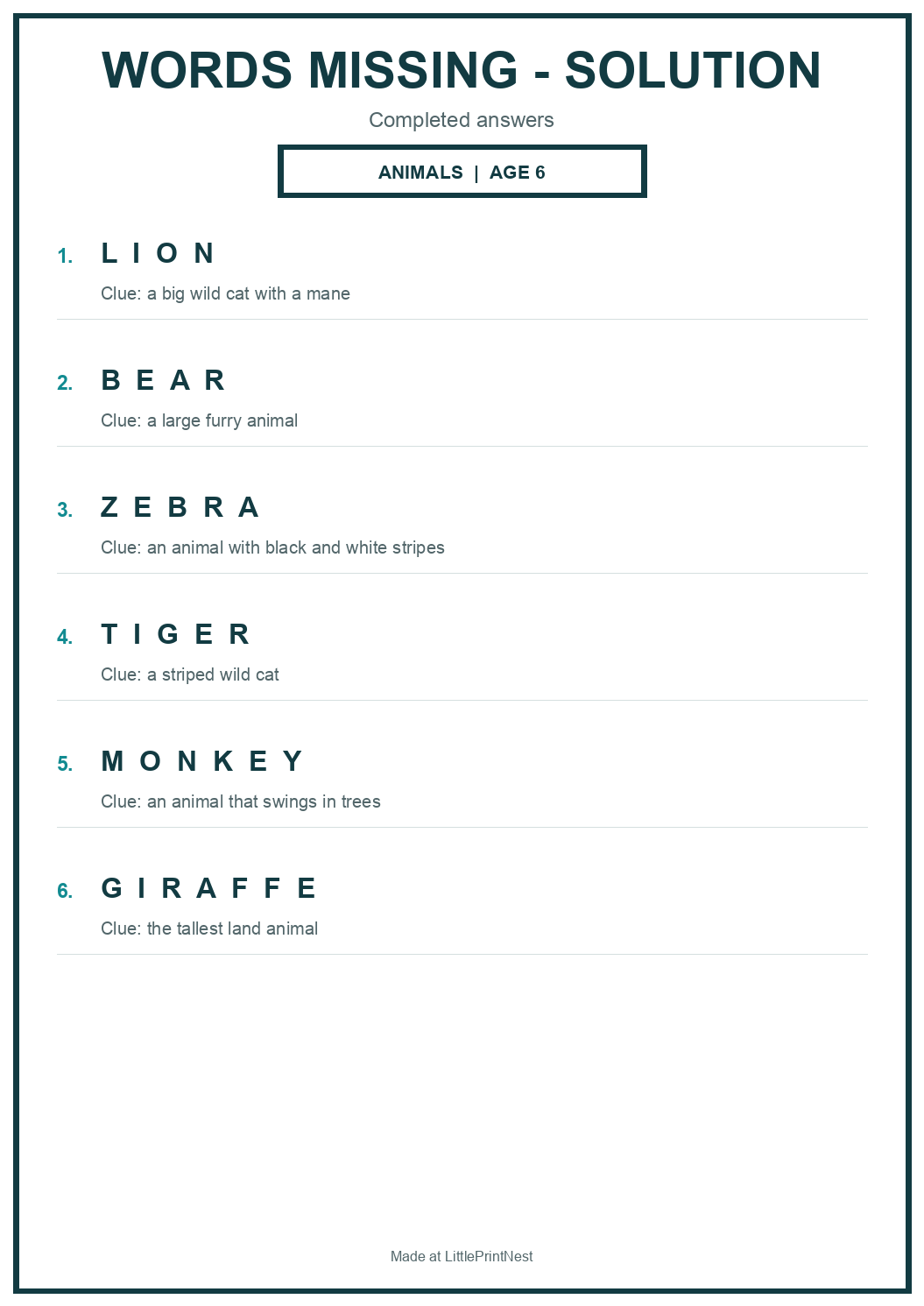 Completed answer key for Animals Words Missing Puzzle for Age 6