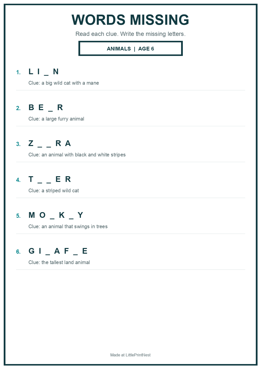 Printable animals words missing worksheet for age 6