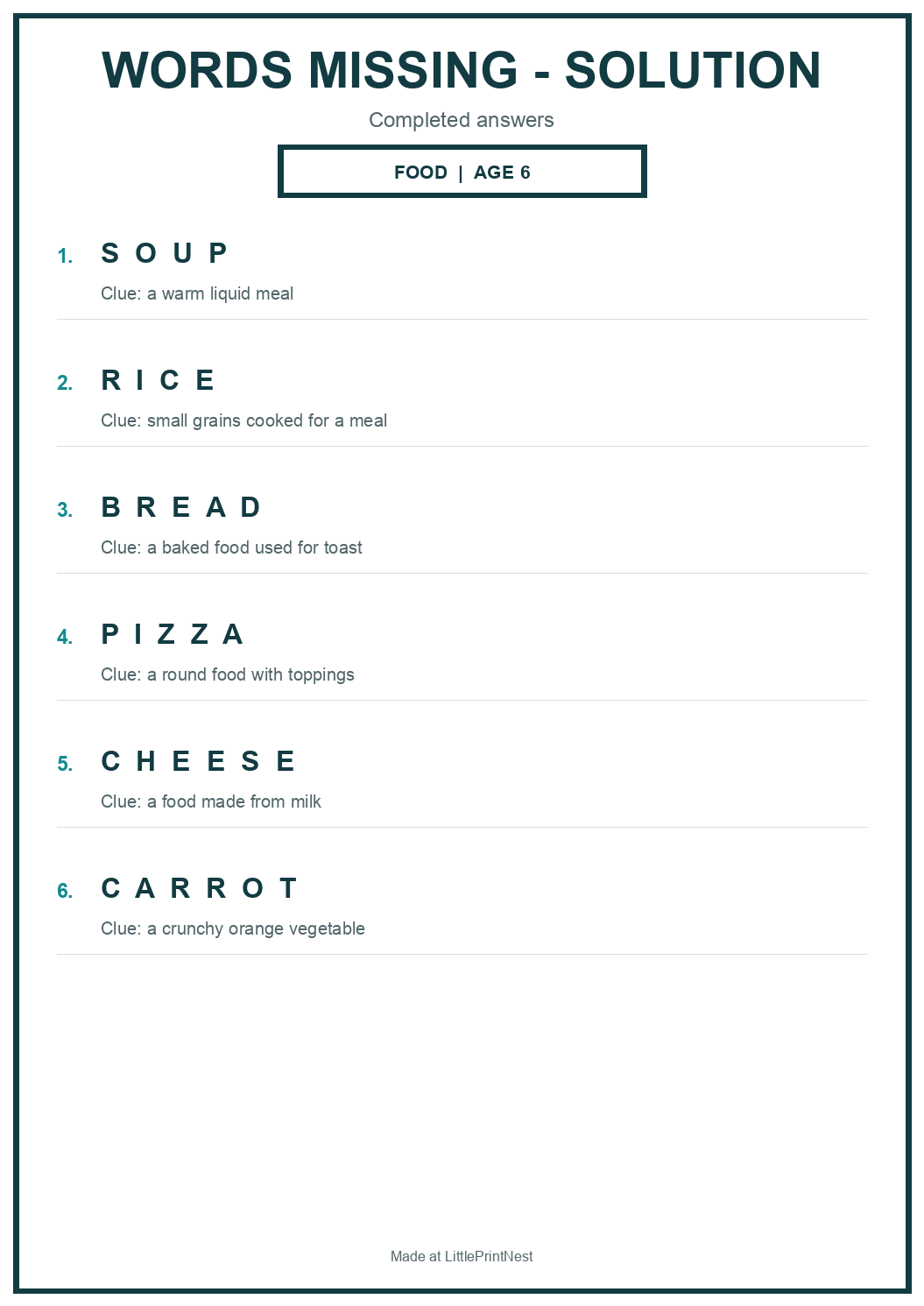 Completed answer key for Food Words Missing Puzzle for Age 6