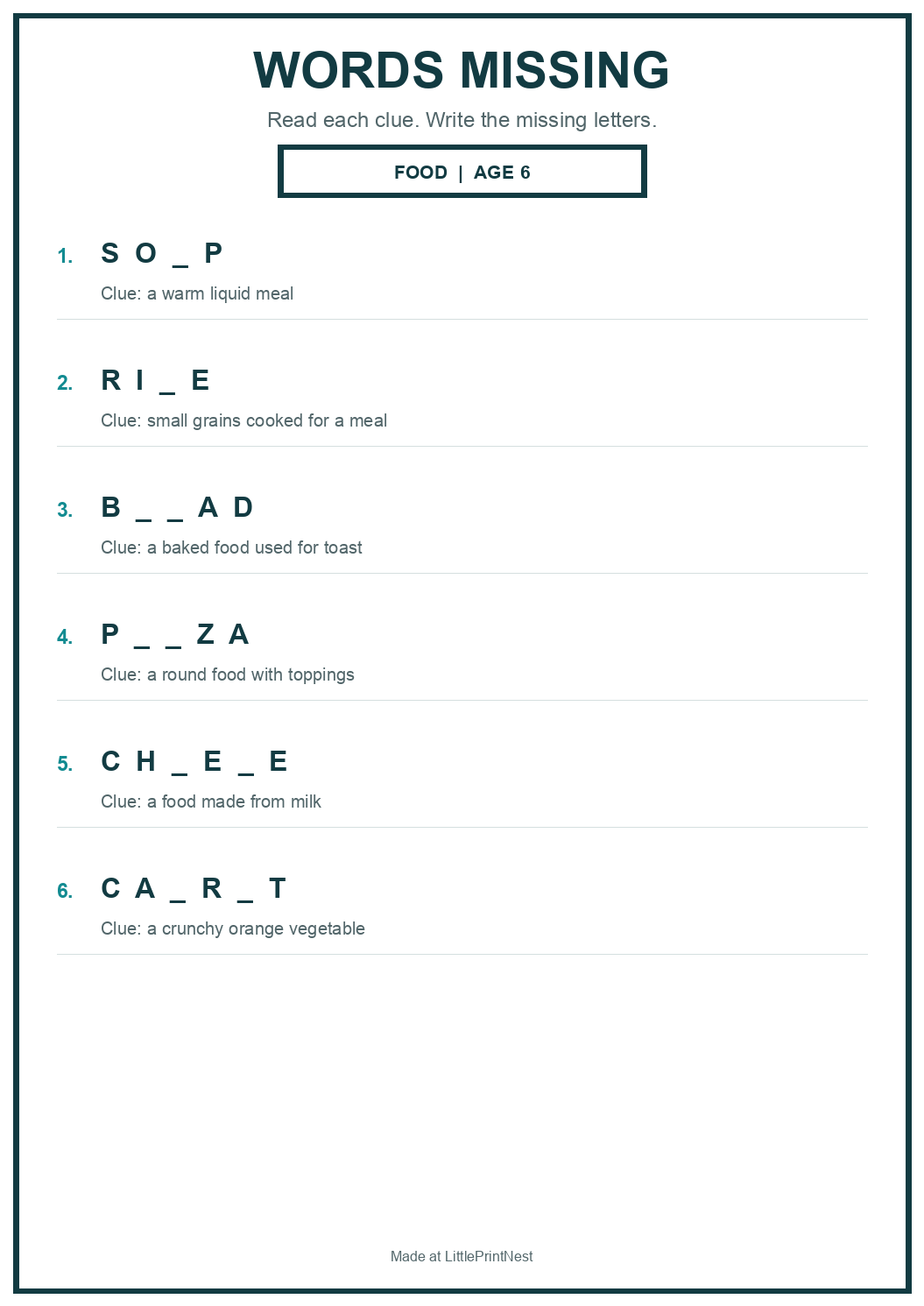 Printable food words missing worksheet for age 6