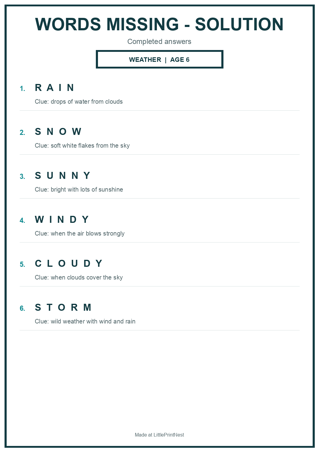 Completed answer key for Weather Words Missing Puzzle for Age 6