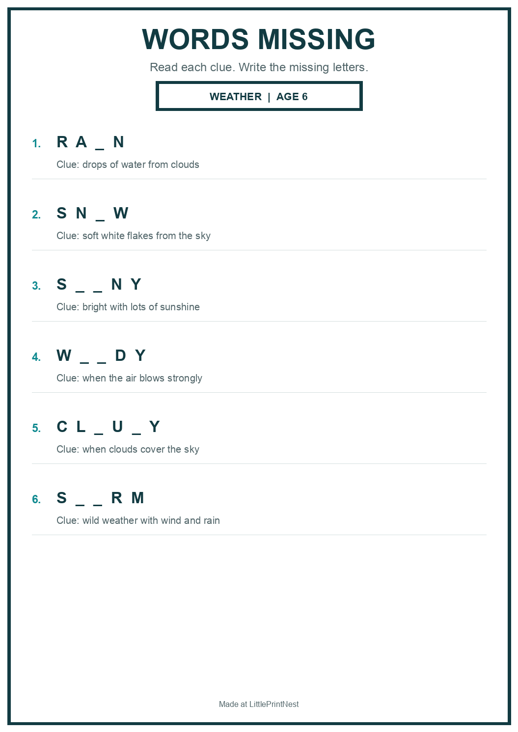 Printable weather words missing worksheet for age 6