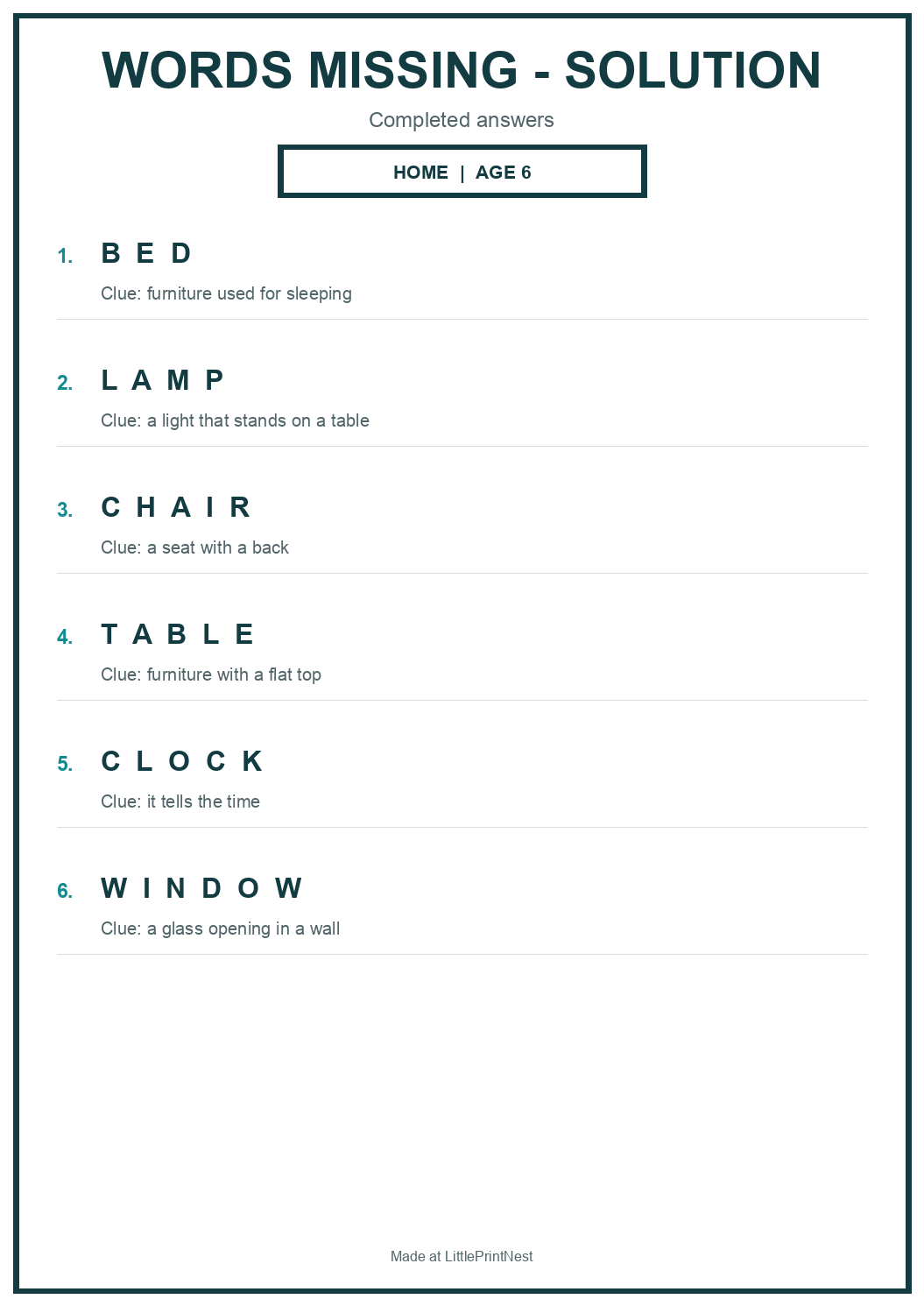 Completed answer key for Home Words Missing Puzzle for Age 6