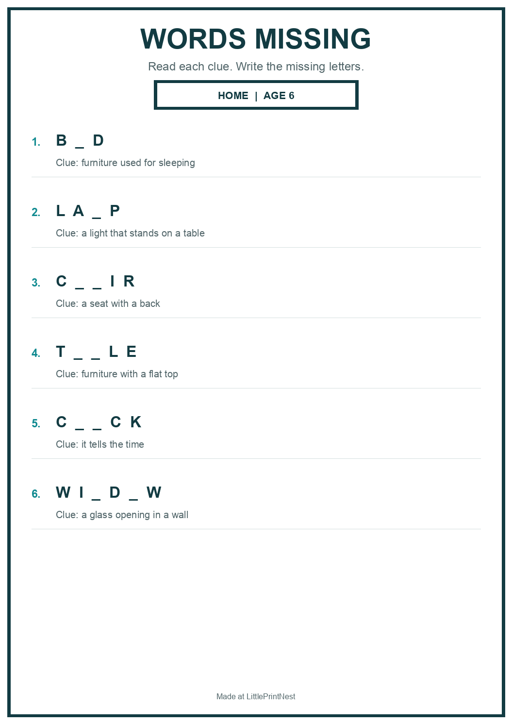 Printable home words missing worksheet for age 6
