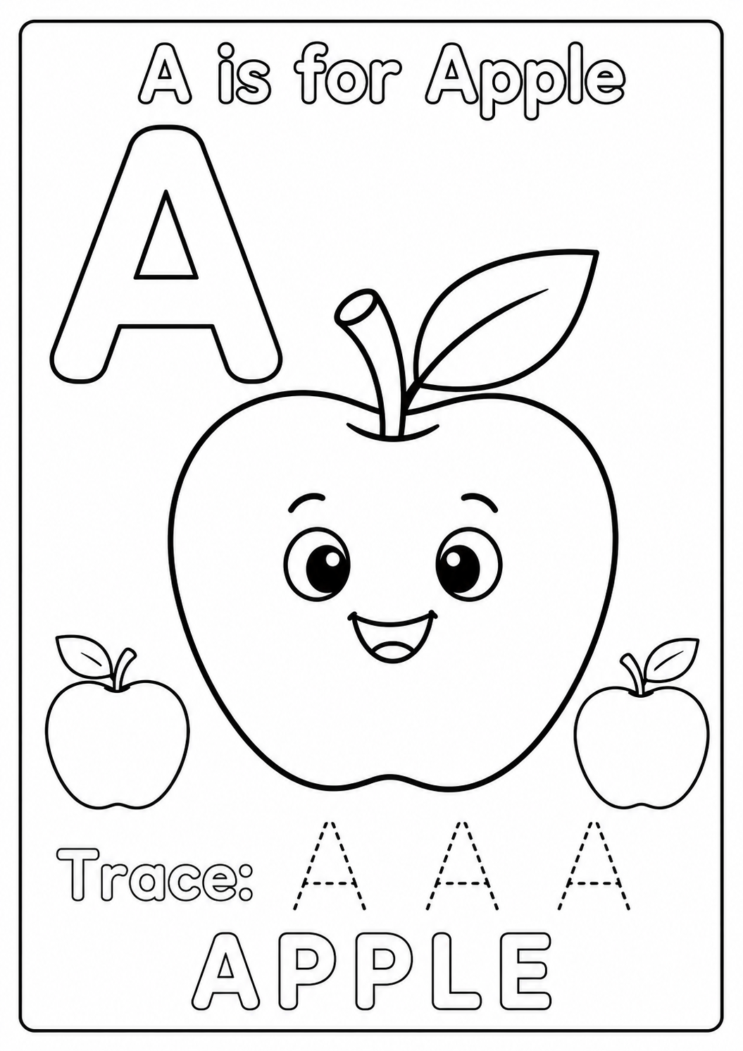 Color one large smiling apple and two smaller apples while learning the uppercase letter A. Trace A A A and color the word APPLE.